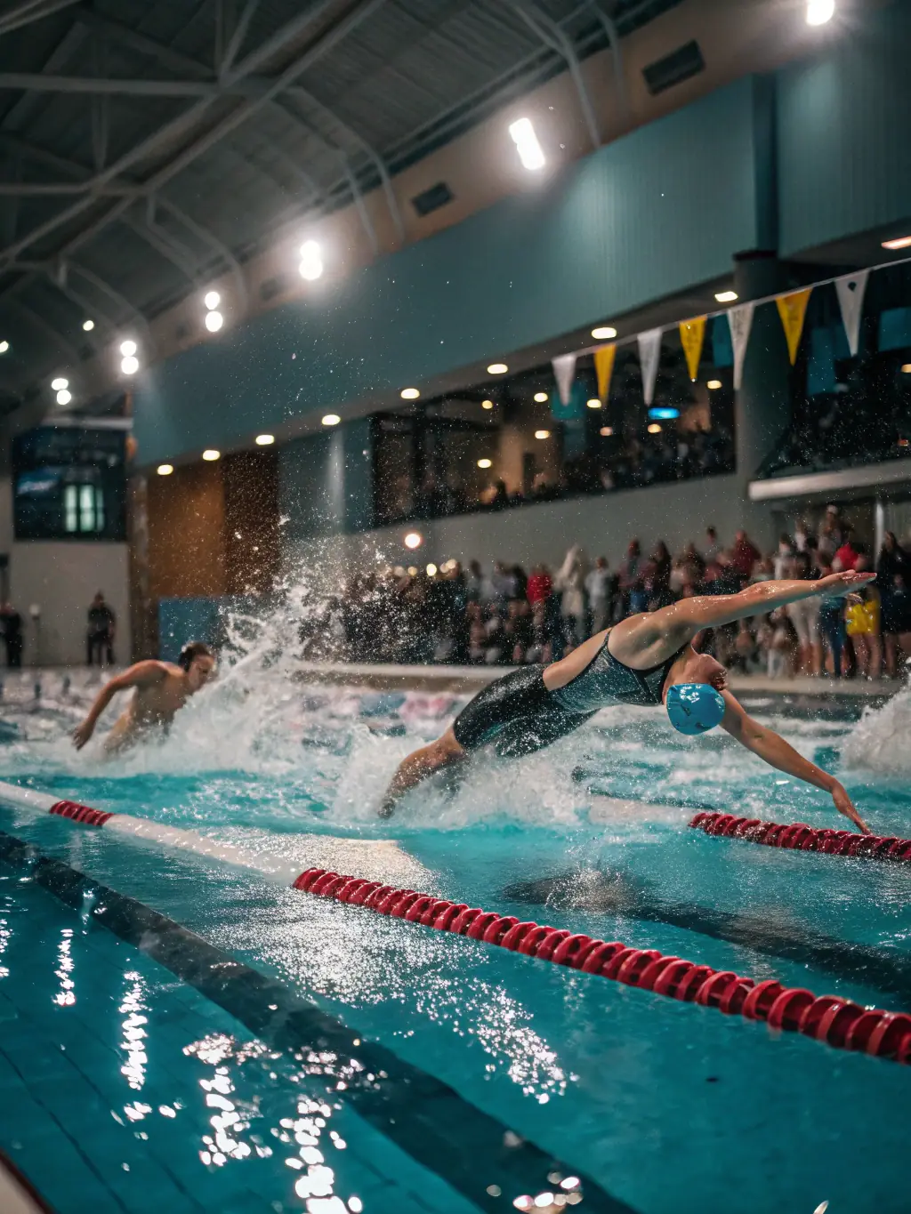 Students swimming in a pool during a UNSS swimming competition, highlighting speed and technique.