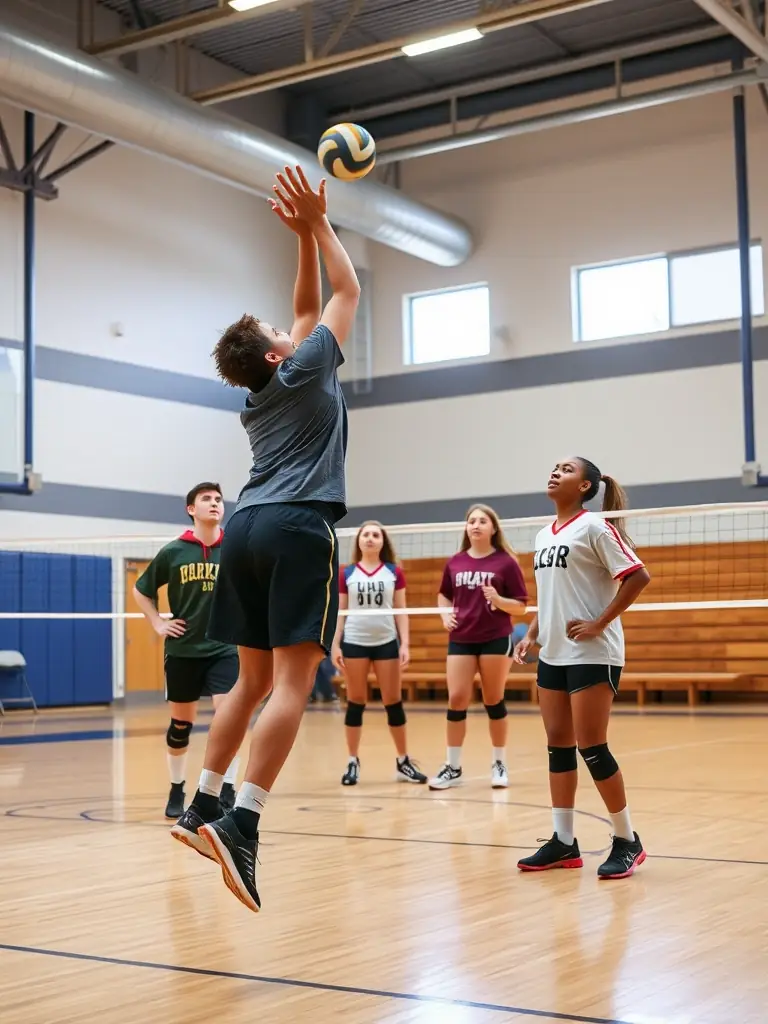 Students collaborating and strategizing during a UNSS volleyball match, highlighting teamwork and communication.