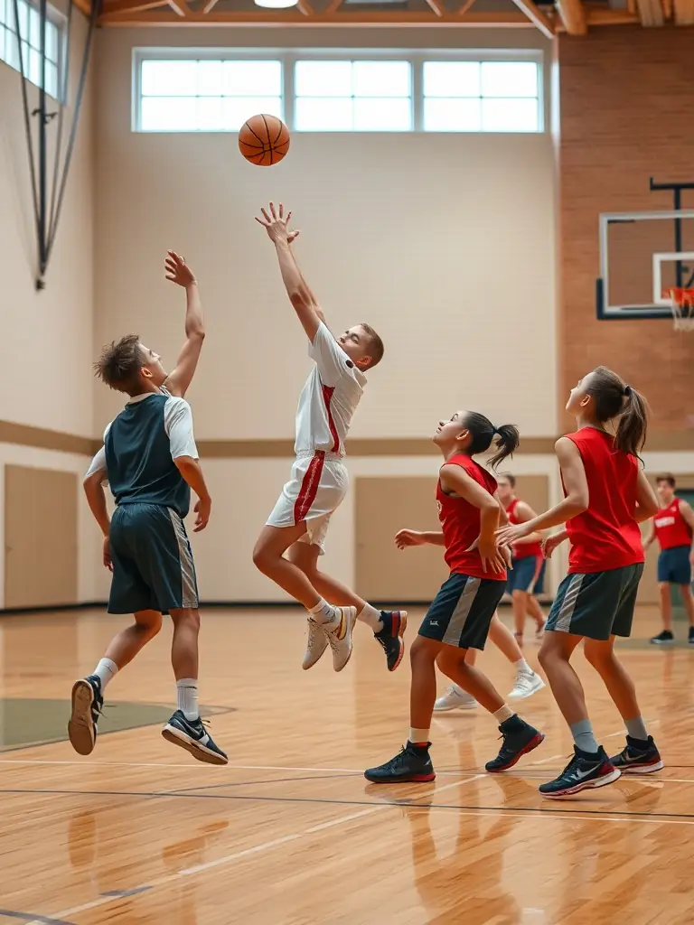 A group of students playing basketball in a school gymnasium, showcasing teamwork and athletic skills during a UNSS basketball program.