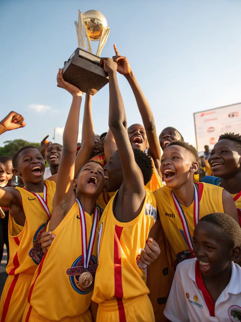 A group of students celebrating a victory after a UNSS basketball game, showcasing teamwork and sportsmanship.