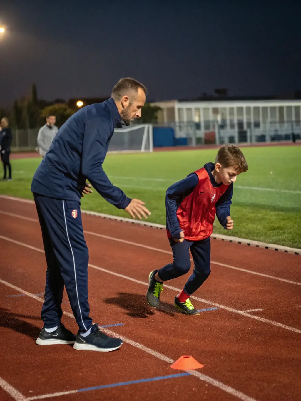 A student athlete receiving guidance from a coach during a UNSS track and field training session, emphasizing skill development.