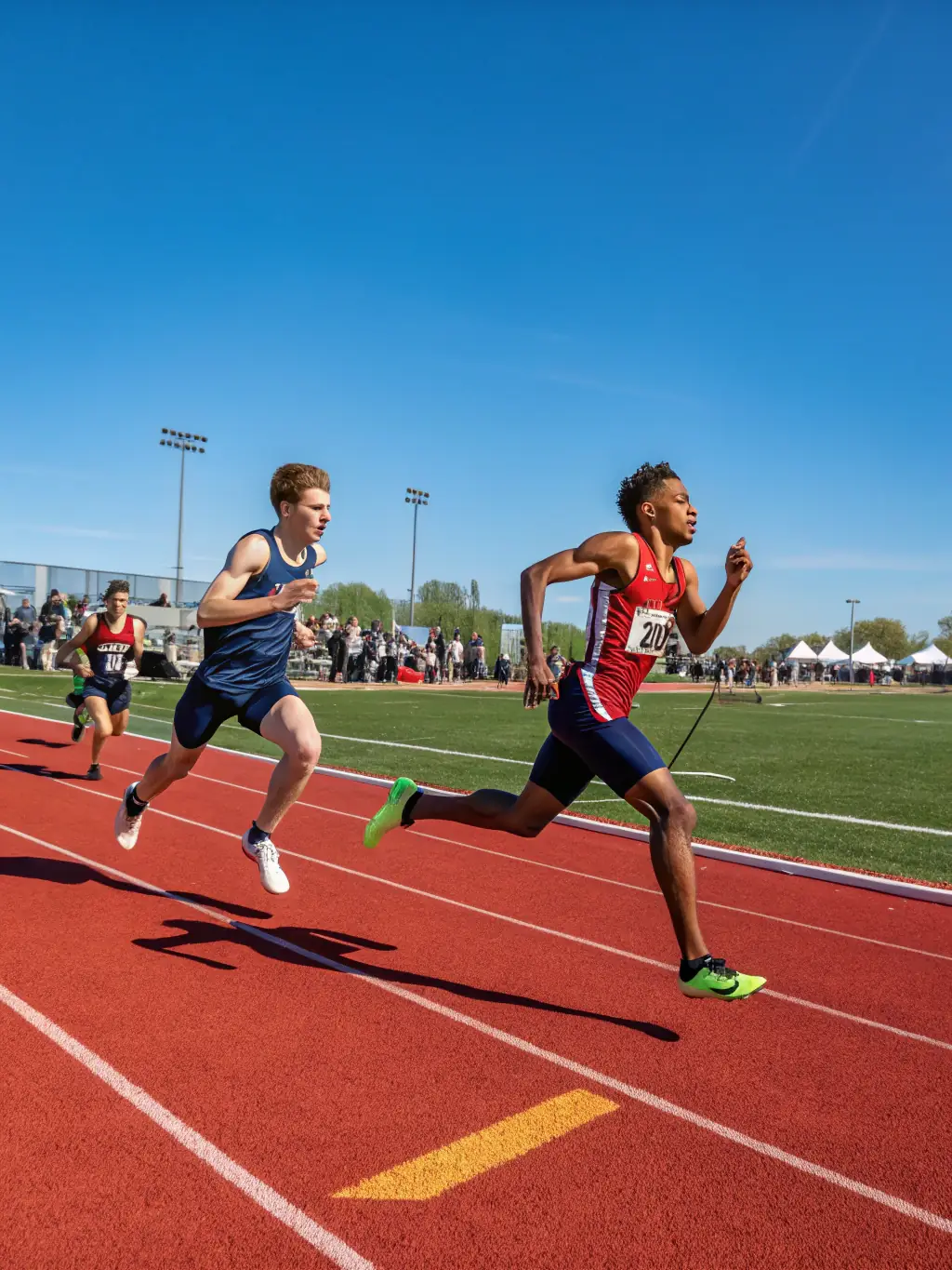 An action shot of students competing in a UNSS-organized track and field event, highlighting speed and athleticism.