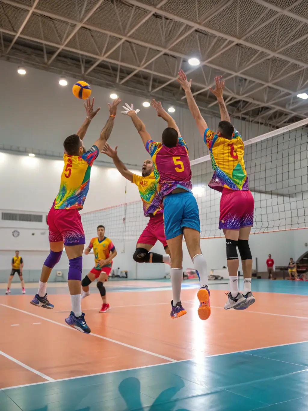 A volleyball team in action during a UNSS volleyball match, demonstrating coordination and strategic play.
